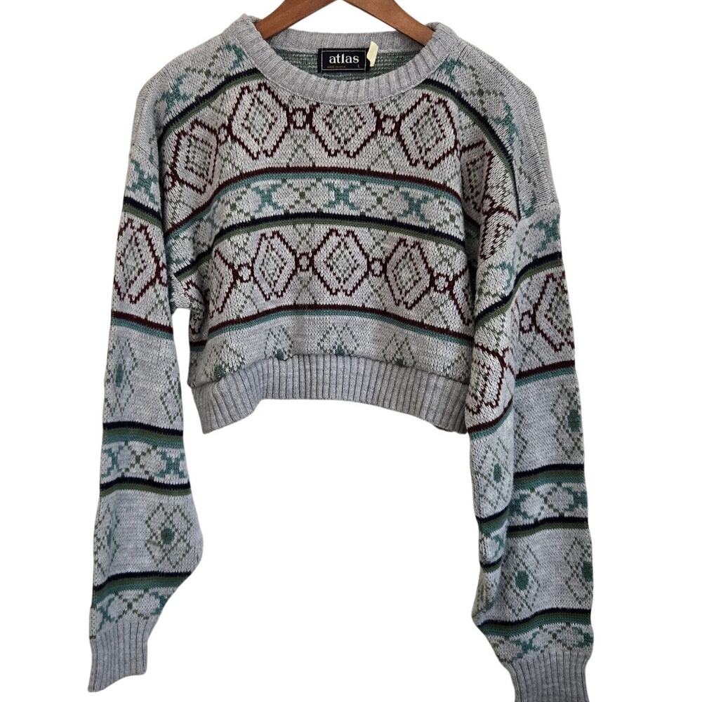 Vintage  Y2K Cropped Geometric Diamond Fair Isle Streetwear Knit Sweater Large
